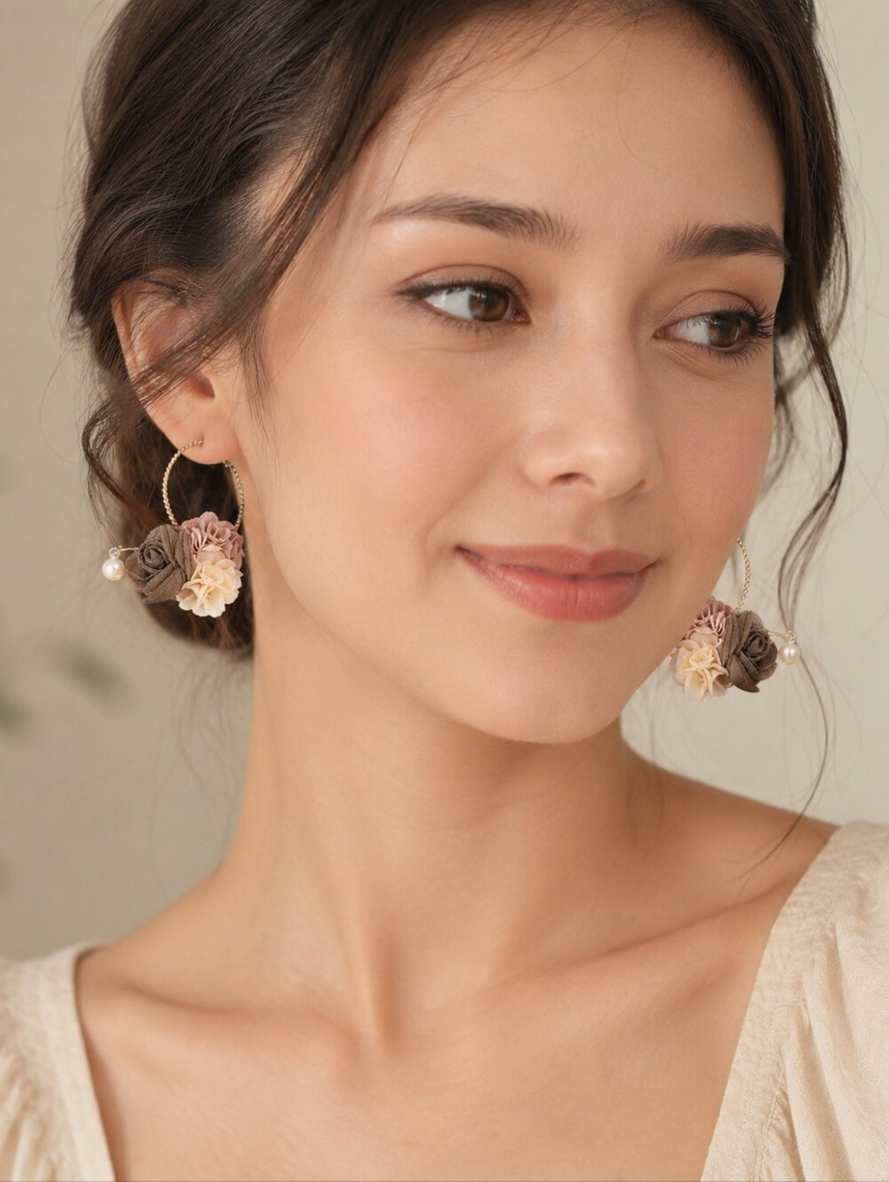 Free People Handmade Floral Romantic Pearl & Rose Hoop Earrings with Pearls